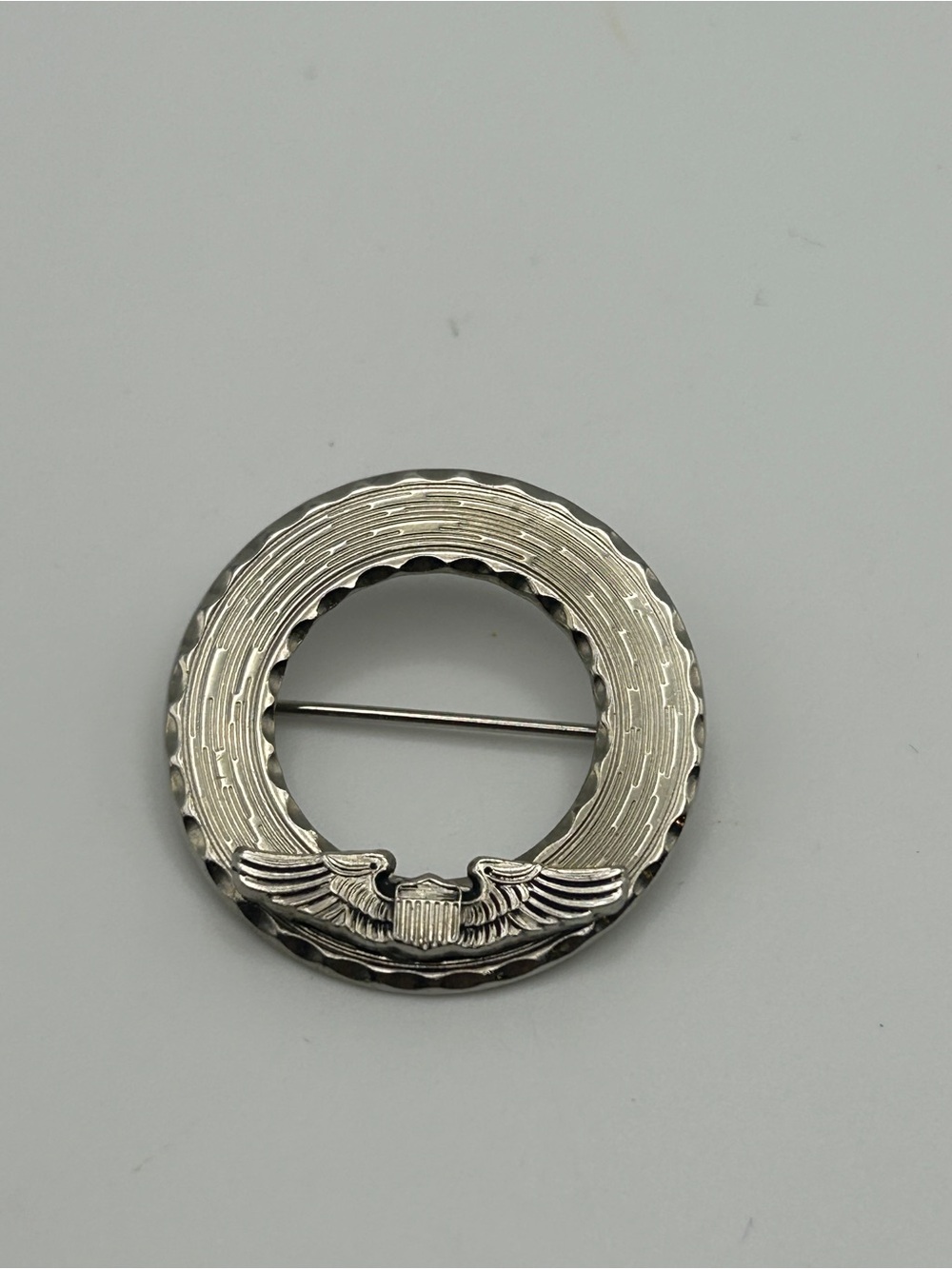 Vintage Silver Tone Eagle Wing Circle Brooch Pin | Military Style